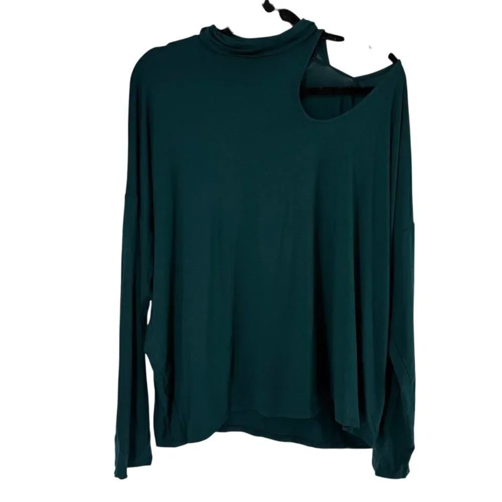 Express Top Mockneck Green Relaxed Stretch Jersey Knit XL Cut Out Long Sleeve